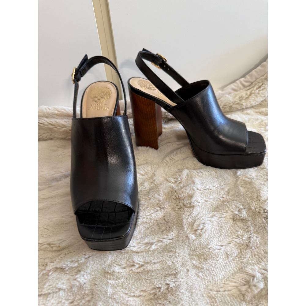 Vince Camuto Black Leather Platform Slingback Wood Block Heel Sandals Square Toe - Picture 2 of 9